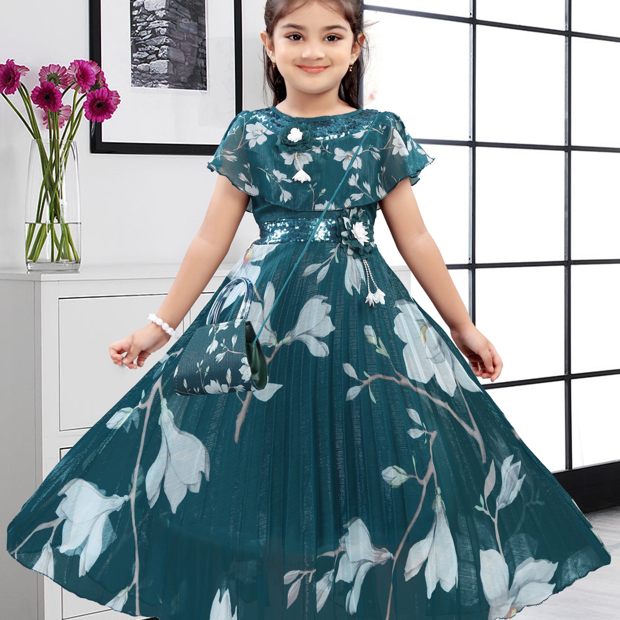 Girls Stylish One Piece Dress | Long Frock | With Matching Purse