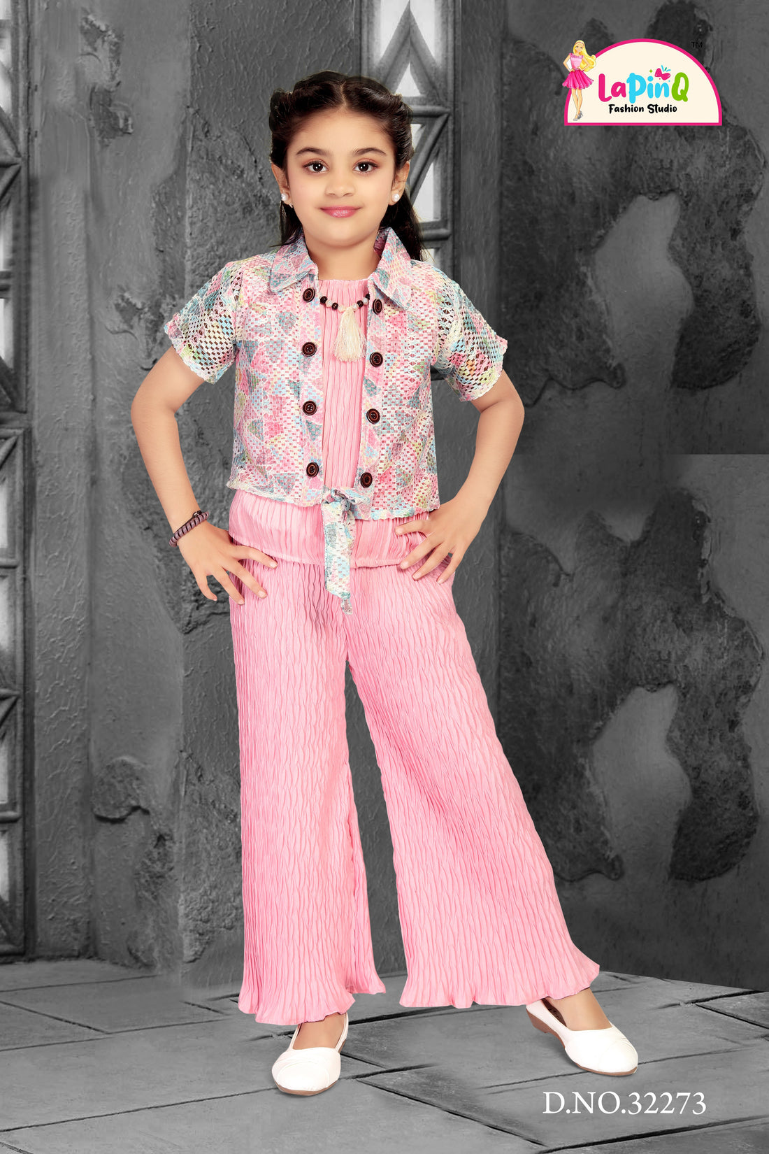 Girls Party Wear Plazzo and Jacket Set with Attached Necklace