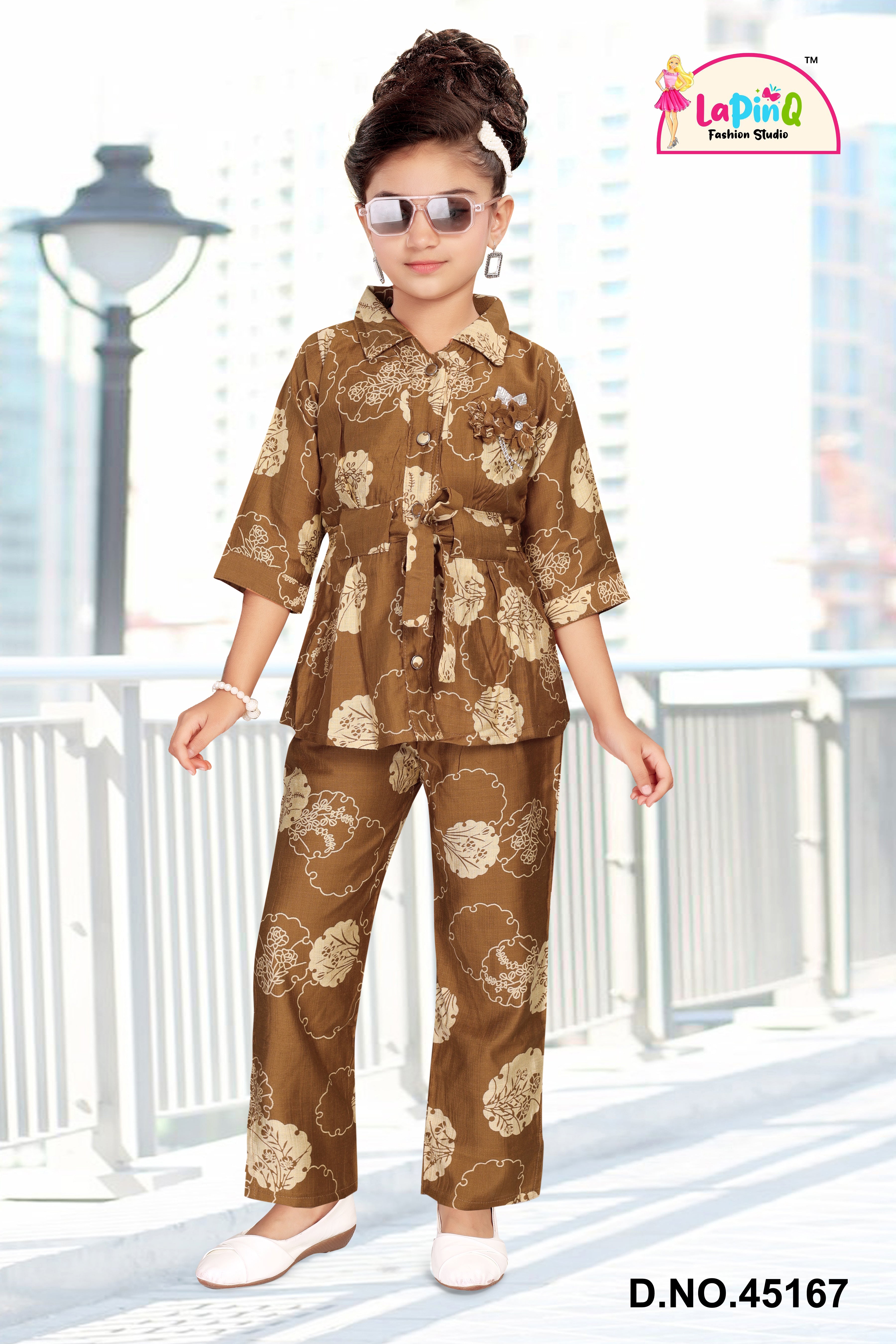 Girls Co-ord Set with Floral Print and Belt