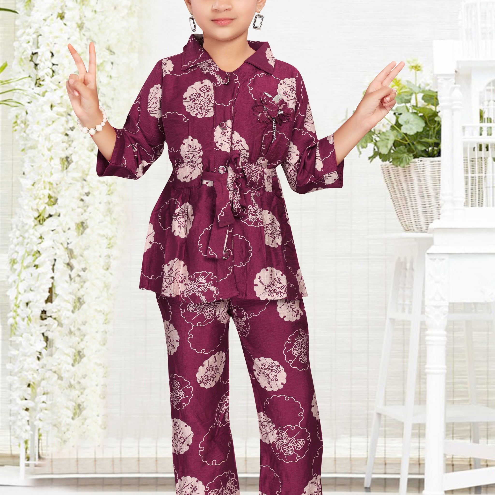 Girls Co-ord Set with Floral Print and Belt