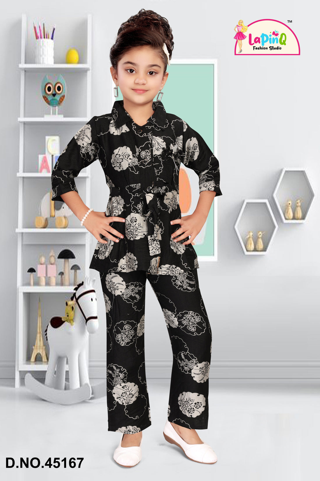 Girls Co-ord Set with Floral Print and Belt