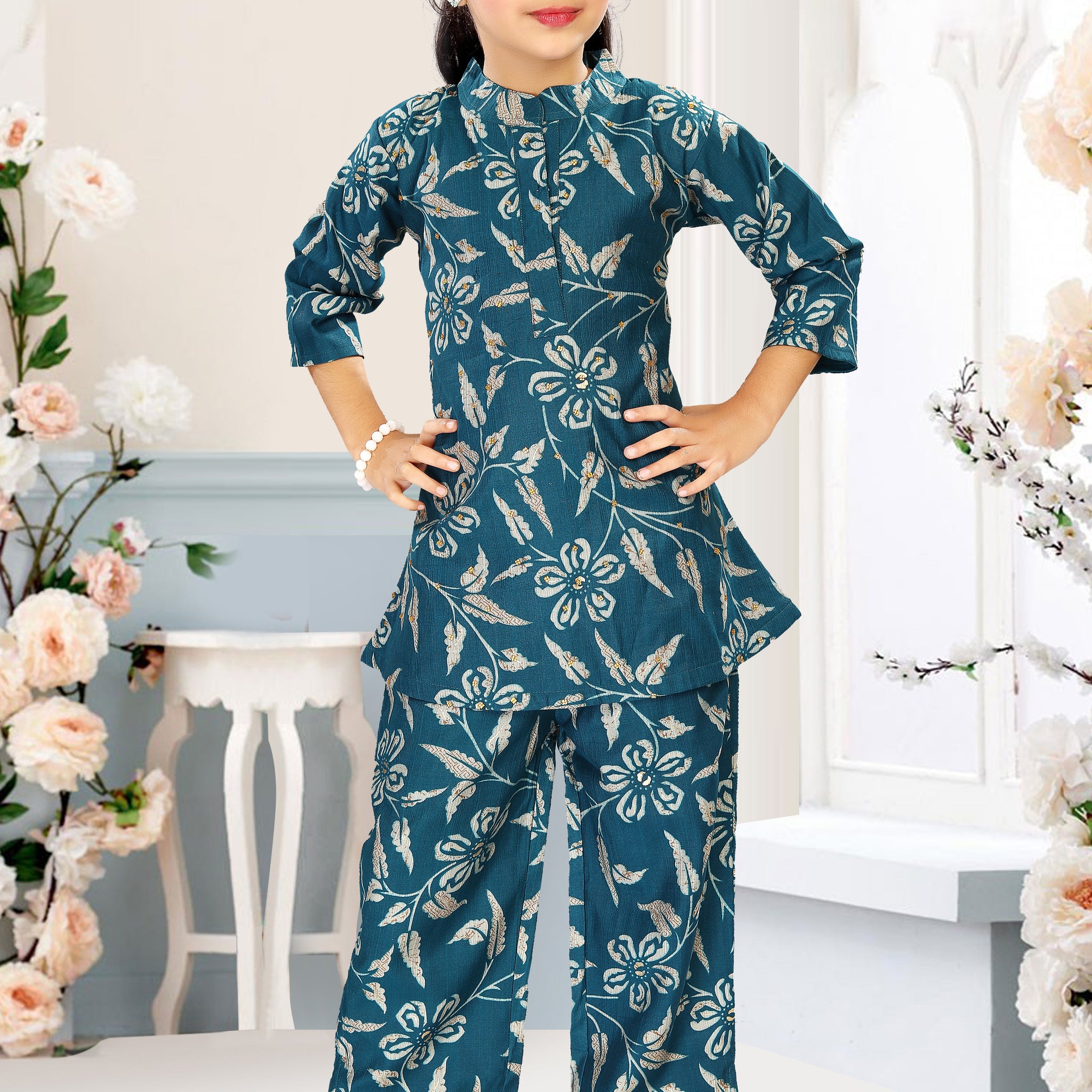 Blue Floral Co-ord Set for Girls