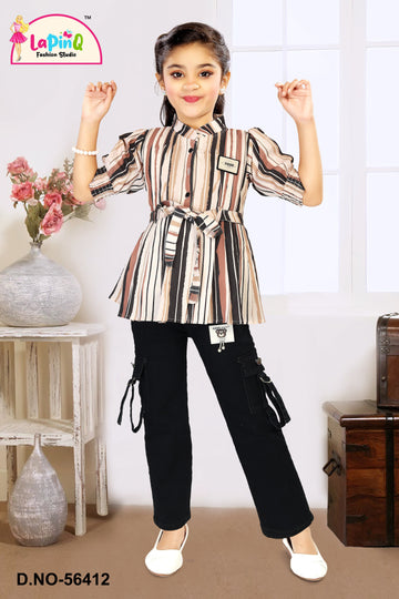 Girls Smart Pant and Shirt with Tie-on Belt