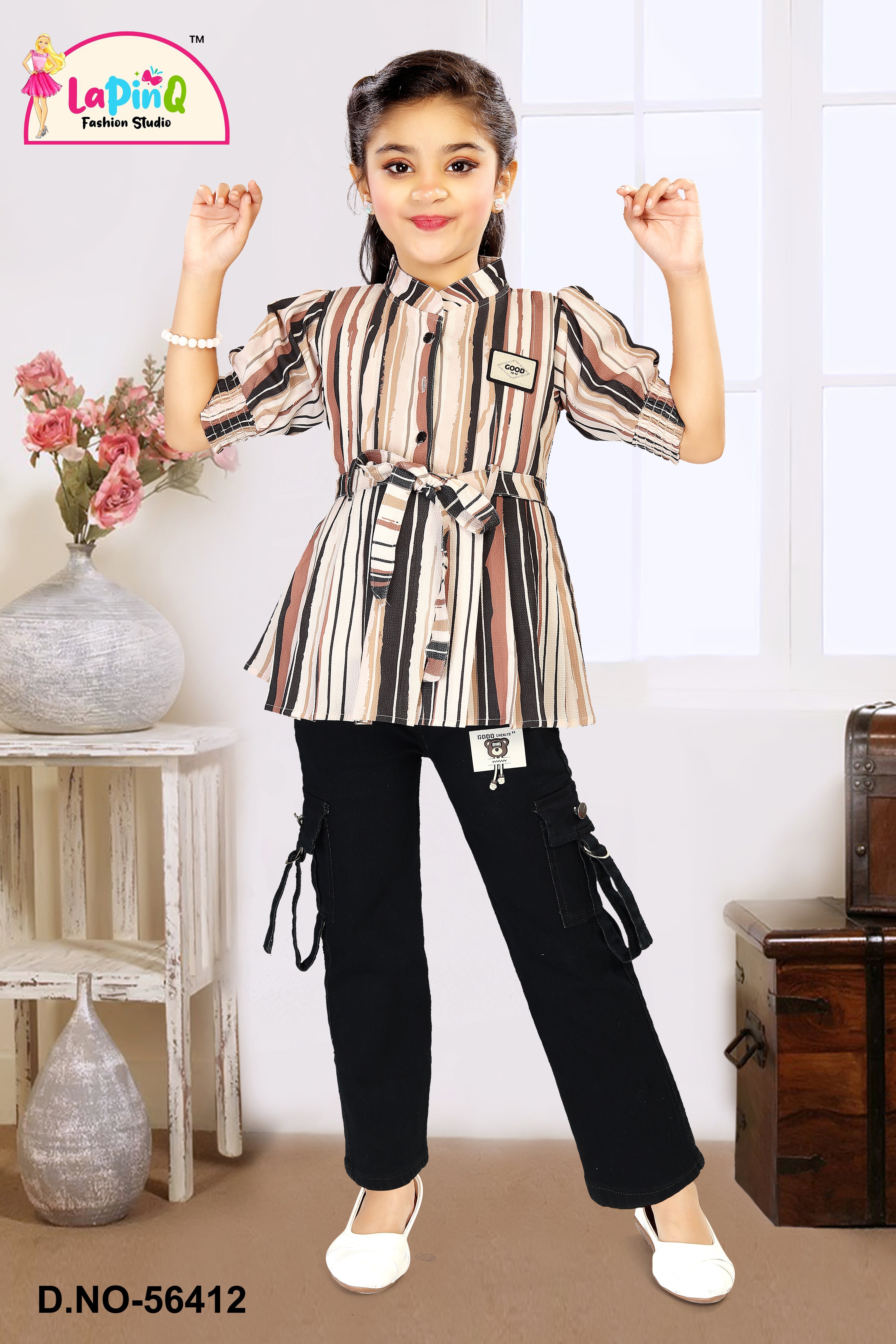 Girls Smart Pant and Shirt with Tie-on Belt