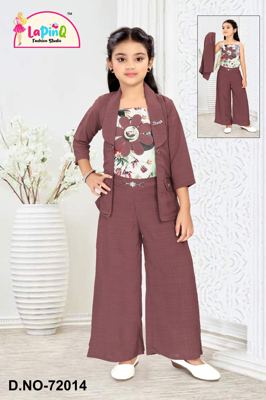 Girls Smart Plazzo Co-ord Set with Flower Applique and Jacket