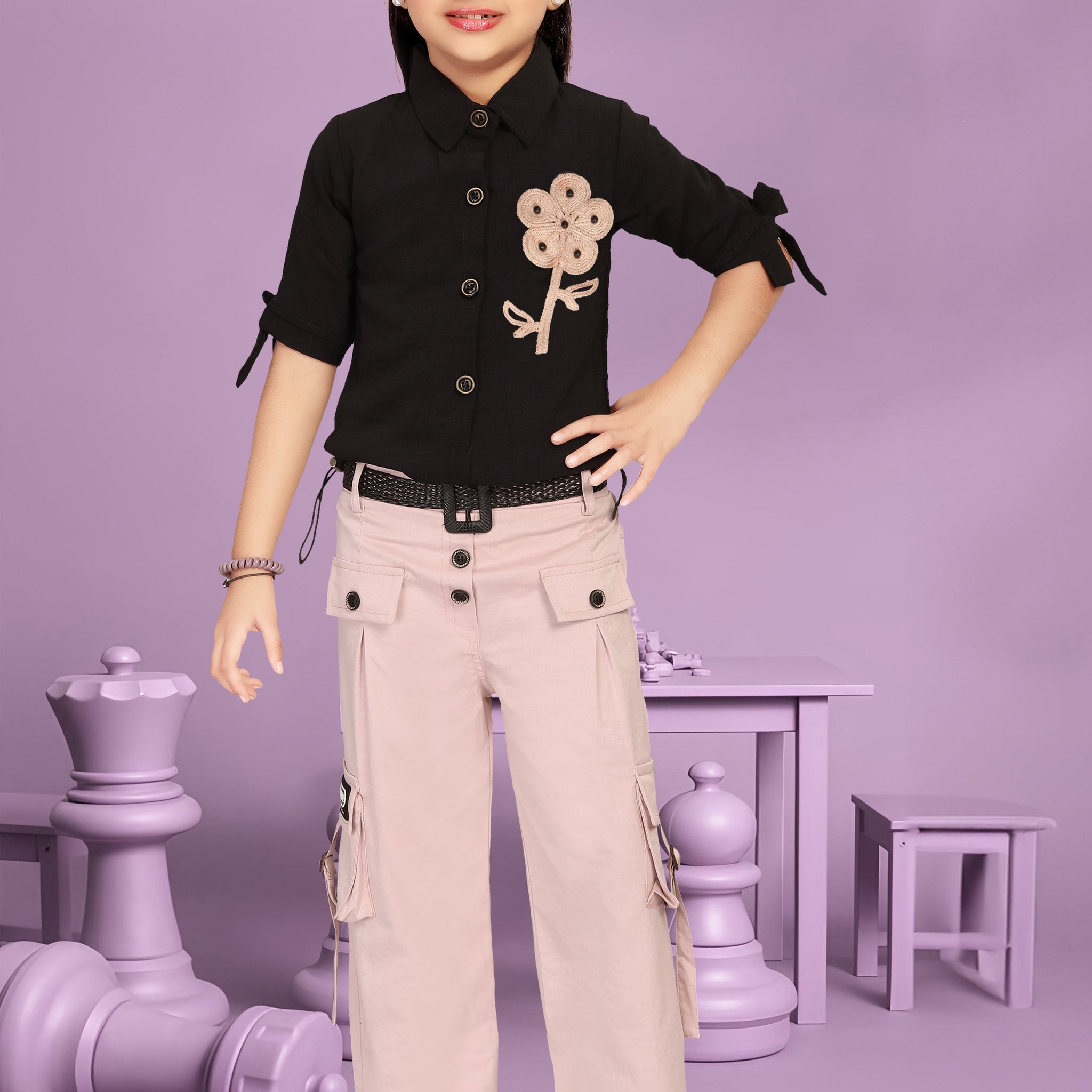 Girl Stylish Shirt Pant Set with floral design